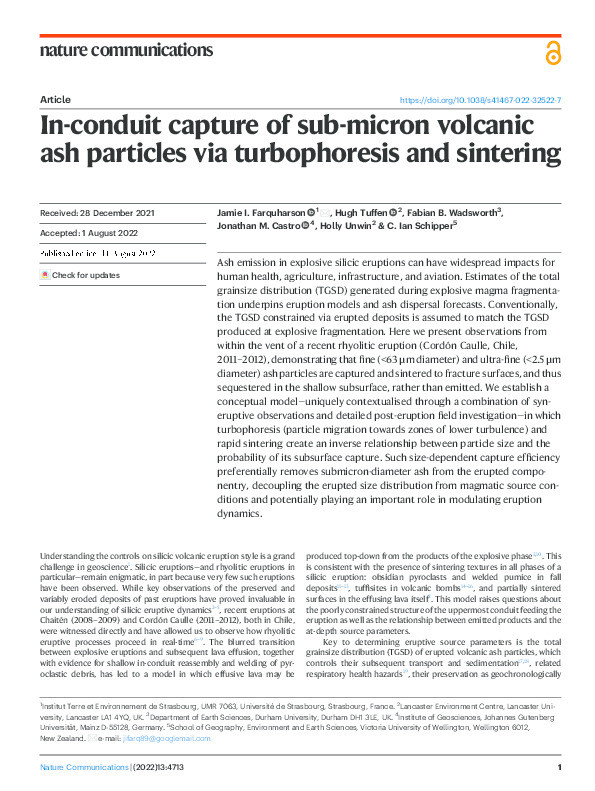 In-conduit capture of sub-micron volcanic ash particles via turbophoresis and sintering Thumbnail