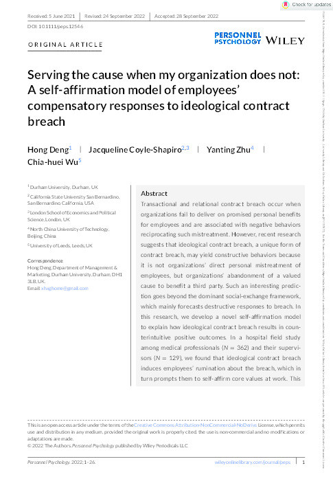 Serving the Cause When My Organization Does Not: A Self-affirmation Model of Employees’ Compensatory Responses to Ideological Contract Breach Thumbnail