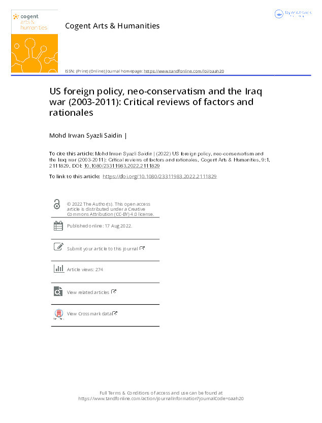 US foreign policy, neo-conservatism and the Iraq war (2003-2011): Critical reviews of factors and rationales Thumbnail