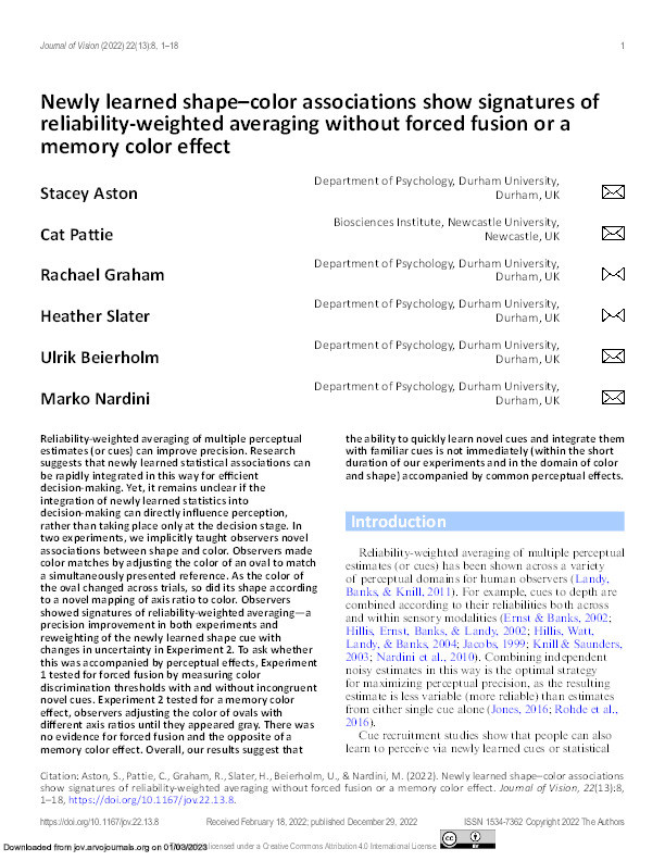 Newly learned shape-colour associations show signatures of reliability-weighted averaging without forced fusion or a memory colour effect Thumbnail