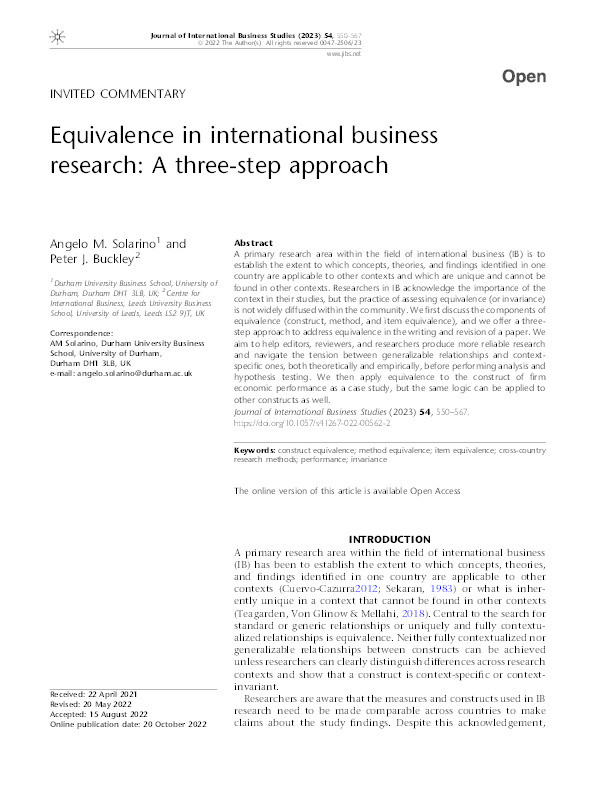 Equivalence in International Business Research: A Three-step approach Thumbnail