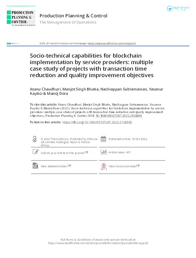 Socio-technical capabilities for blockchain implementation by service providers: multiple case study of projects with transaction time reduction and quality improvement objectives Thumbnail