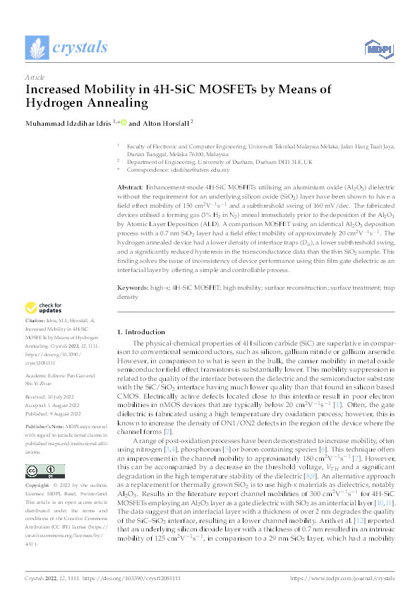 Increased Mobility in 4H-SiC MOSFETs by Means of Hydrogen Annealing Thumbnail
