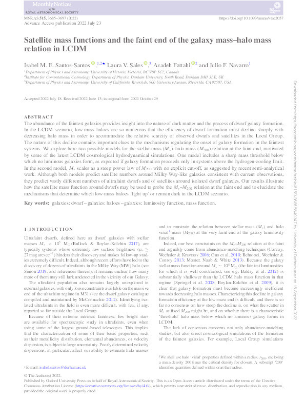 Satellite mass functions and the faint end of the galaxy mass–halo mass relation in LCDM Thumbnail