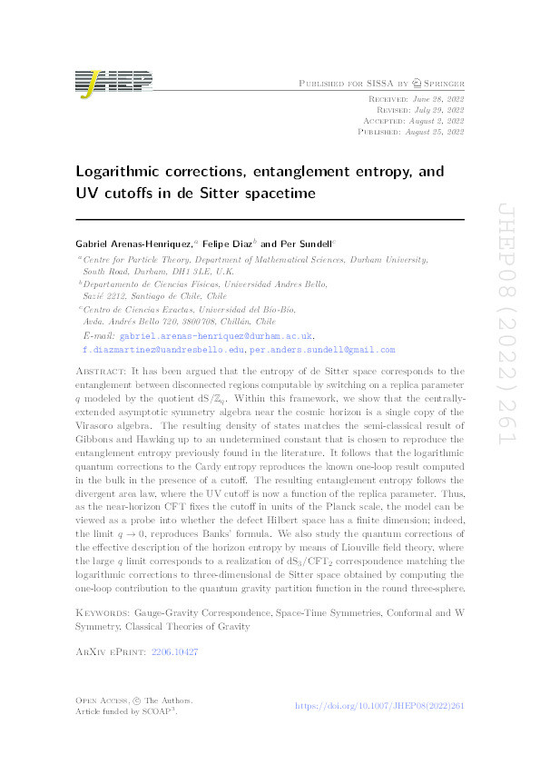 Logarithmic corrections, entanglement entropy, and UV cutoffs in de Sitter spacetime Thumbnail