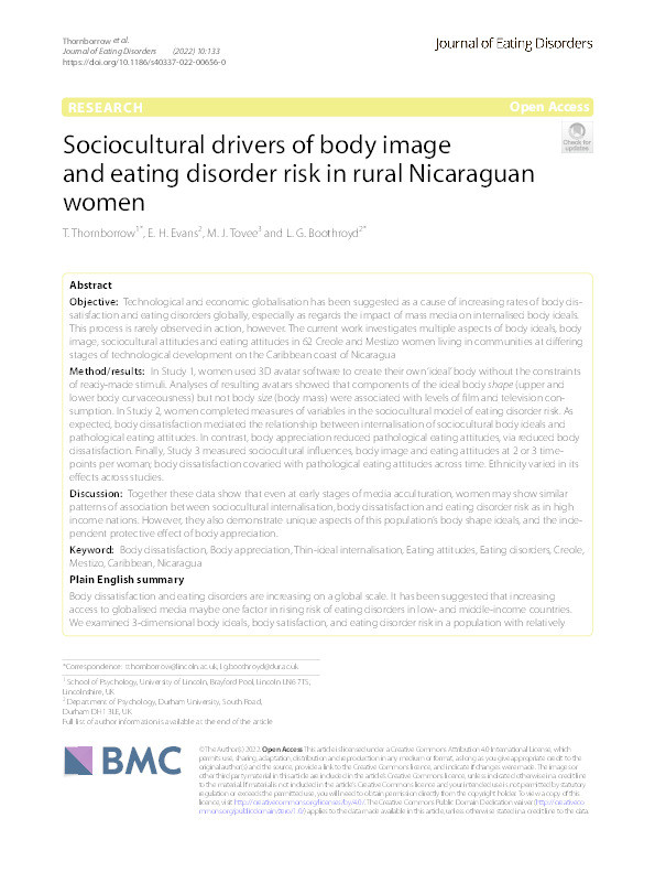 Sociocultural drivers of body image and eating disorder risk in rural Nicaraguan women Thumbnail