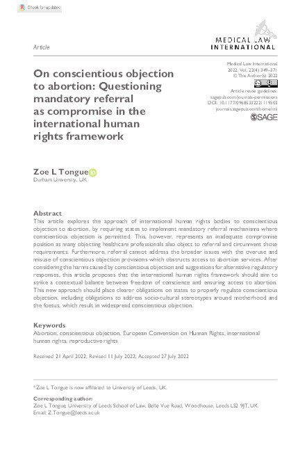 On conscientious objection to abortion: Questioning mandatory referral as compromise in the international human rights framework Thumbnail