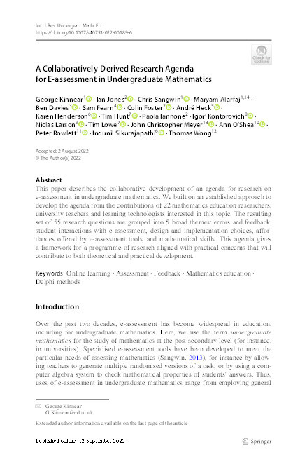 A Collaboratively-Derived Research Agenda for E-assessment in Undergraduate Mathematics Thumbnail