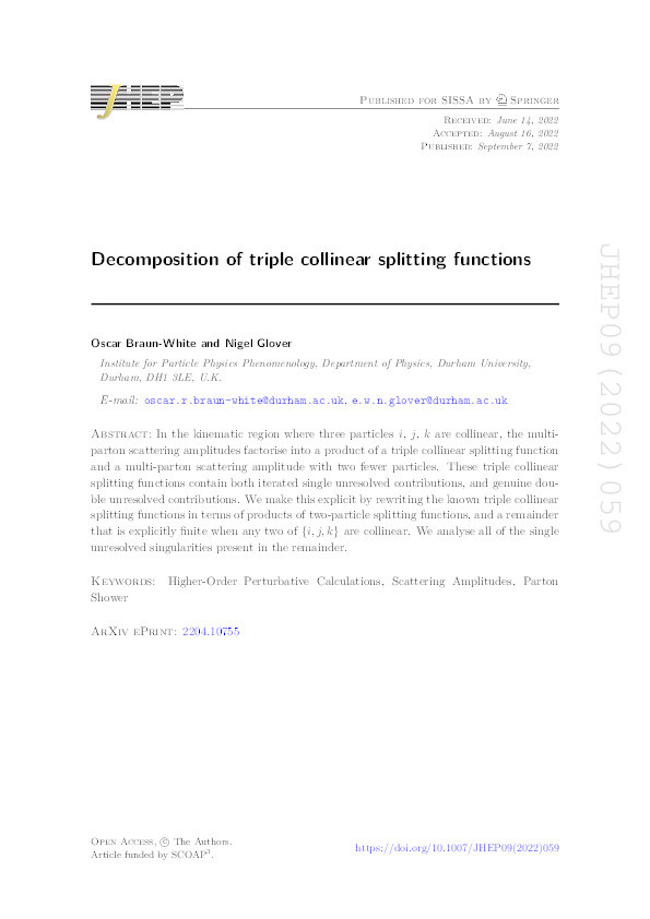 Decomposition of triple collinear splitting functions Thumbnail