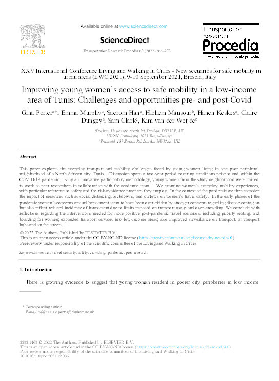 Improving young women’s access to safe mobility in a low-income area of Tunis: Challenges and opportunities pre- and post-Covid Thumbnail