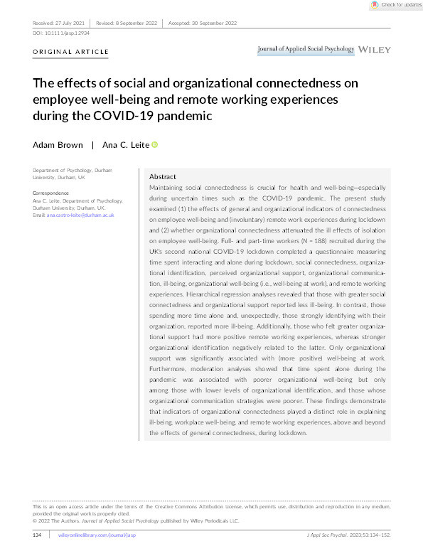 The effects of social and organizational connectedness on employee well-being and remote working experiences during the COVID-19 pandemic Thumbnail