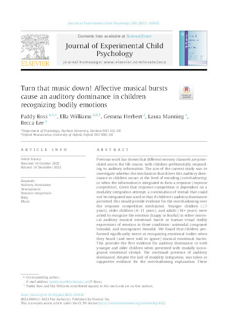 Turn that music down! Affective musical bursts cause an auditory dominance in children recognising bodily emotions Thumbnail