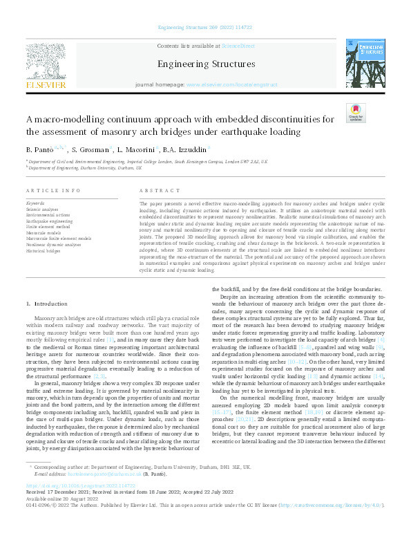A macro-modelling continuum approach with embedded discontinuities for the assessment of masonry arch bridges under earthquake loading Thumbnail