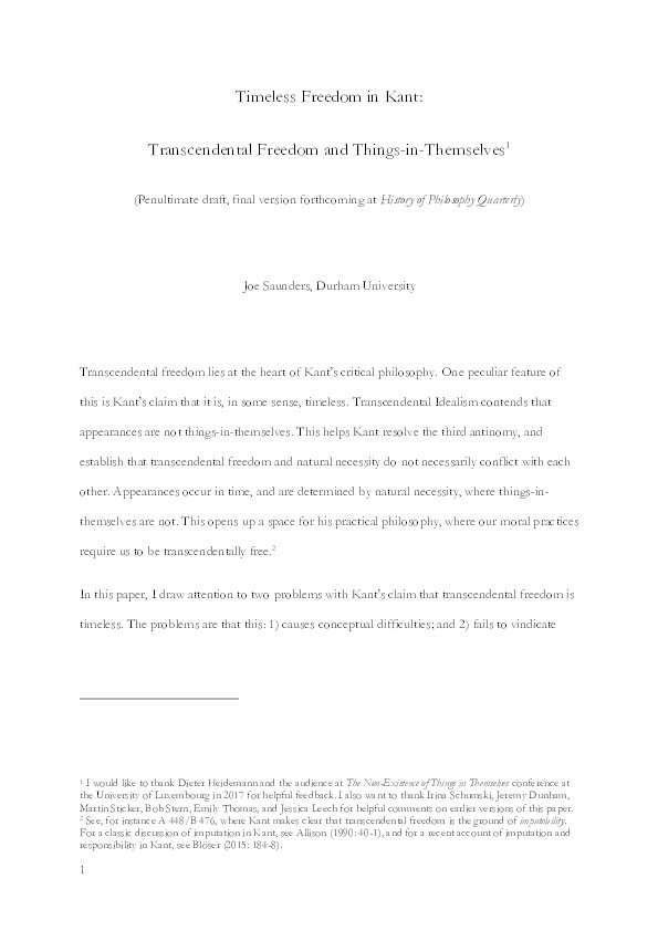 Timeless Freedom in Kant: Transcendental Freedom and Things-in-Themselves Thumbnail