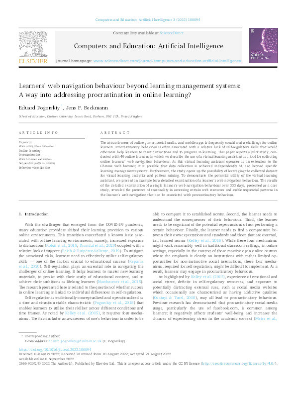 Learners’ web navigation behaviour beyond learning management systems: A way into addressing procrastination in online learning? Thumbnail