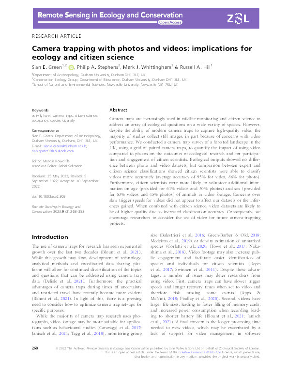 Camera trapping with photos and videos: implications for ecology and citizen science Thumbnail
