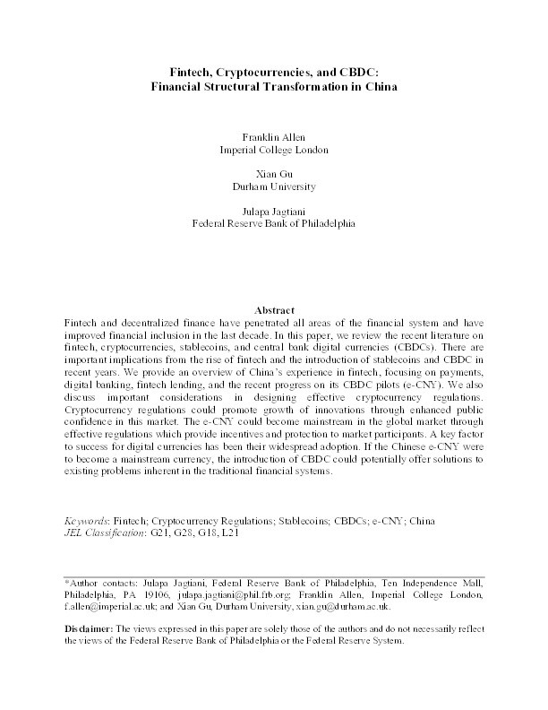 Fintech, Cryptocurrencies, and CBDC: Financial Structural Transformation in China Thumbnail