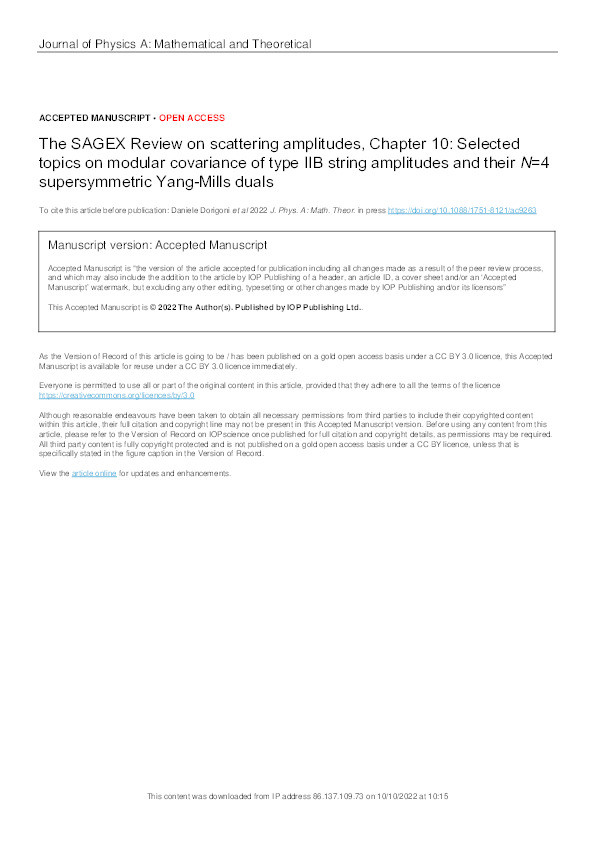 The SAGEX Review on scattering amplitudes, Chapter 10: Selected topics on modular covariance of type IIB string amplitudes and their N=4 supersymmetric Yang-Mills duals Thumbnail