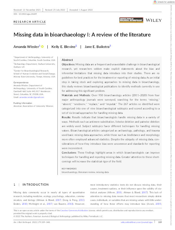 Missing data in bioarchaeology I: A review of the literature Thumbnail