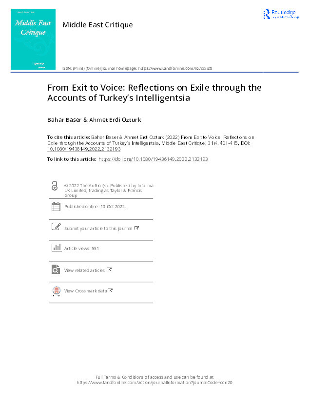 From Exit to Voice: Reflections on Exile through the Accounts of Turkey’s Intelligentsia Thumbnail