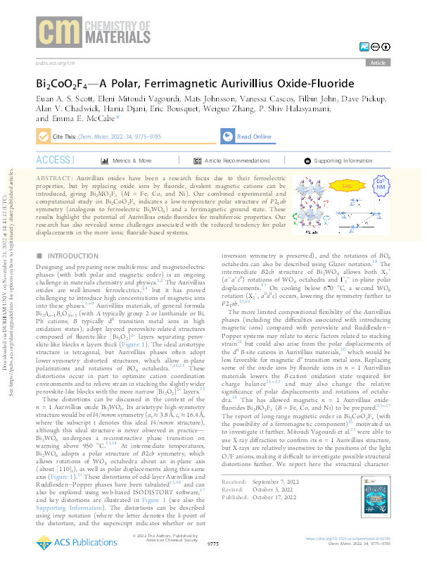 Bi2CoO2F4 – a polar, ferrimagnetic Aurivillius oxide-fluoride Thumbnail
