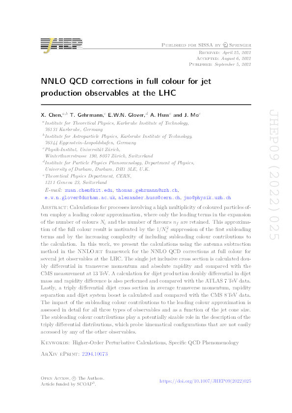 NNLO QCD corrections in full colour for jet production observables at the LHC Thumbnail