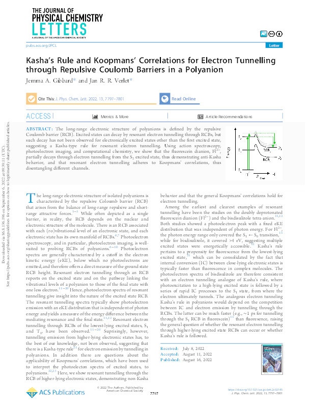 Kasha’s Rule and Koopmans’ Correlations for Electron Tunnelling through Repulsive Coulomb Barriers in a Polyanion Thumbnail
