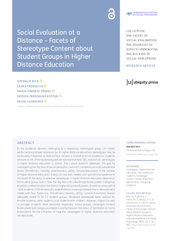 Social evaluation at a distance – facets of stereotype content about student groups in higher distance education Thumbnail