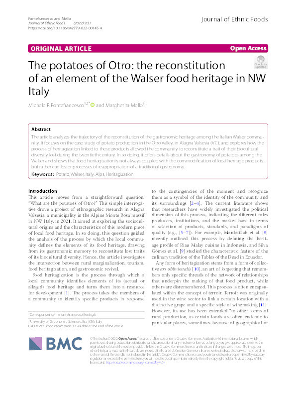 The potatoes of Otro: the reconstitution of an element of the Walser food heritage in NW Italy Thumbnail