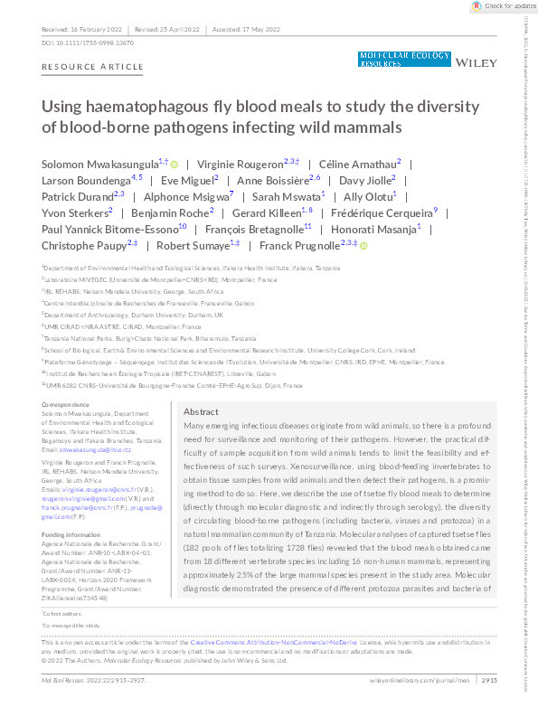 Using haematophagous fly blood meals to study the diversity of blood‐borne pathogens infecting wild mammals Thumbnail