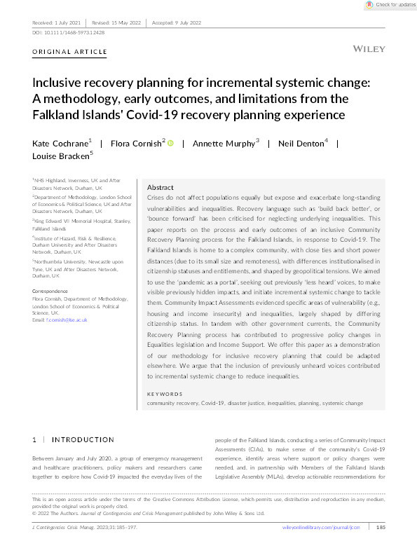 Inclusive recovery planning for incremental systemic change: A methodology, early outcomes, and limitations from the Falkland Islands' Covid‐19 recovery planning experience Thumbnail