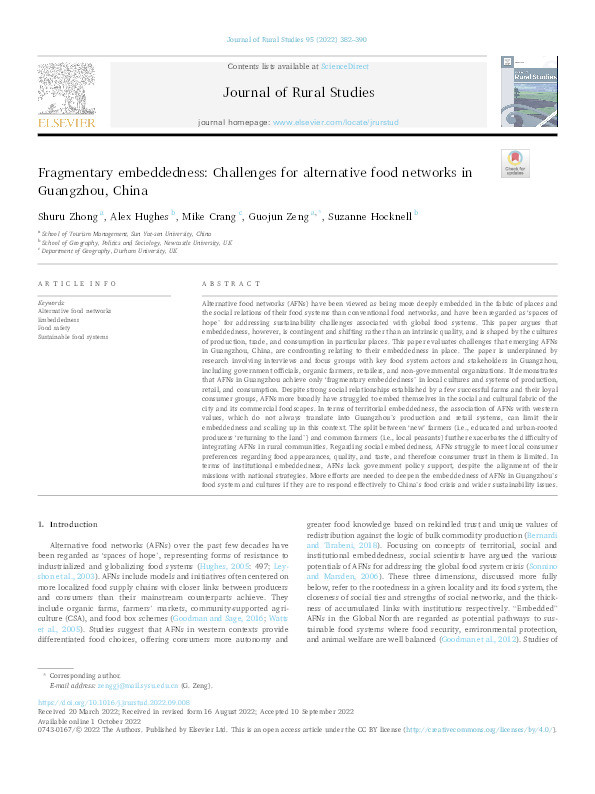 Fragmentary embeddedness: Challenges for alternative food networks in Guangzhou, China Thumbnail