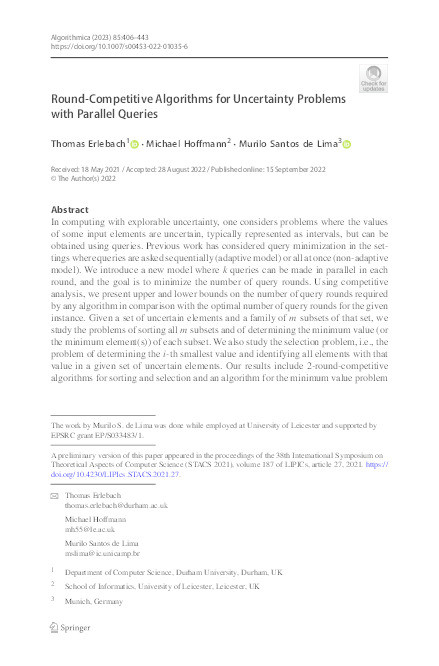 Round-competitive algorithms for uncertainty problems with parallel queries Thumbnail