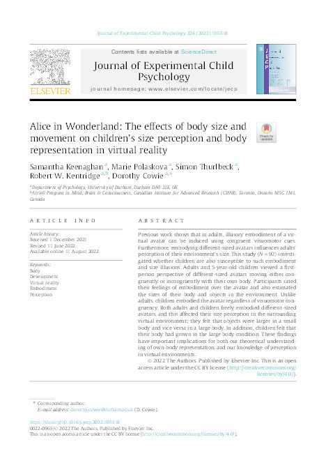 Alice in Wonderland: The effects of body size and movement on children’s size perception and body representation in virtual reality Thumbnail