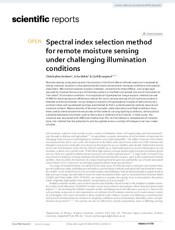 Spectral index selection method for remote moisture sensing under challenging illumination conditions Thumbnail