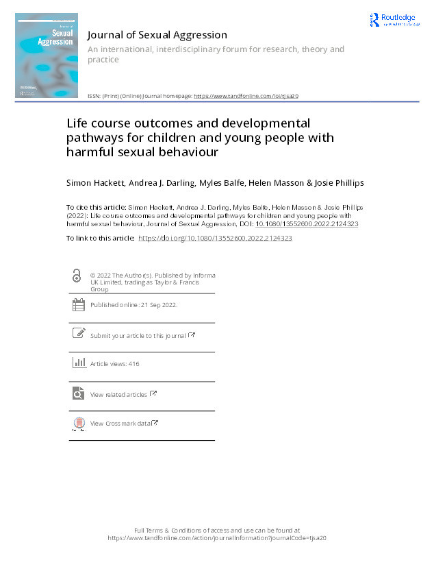 Life course outcomes and developmental pathways for children and young people with harmful sexual behaviour Thumbnail