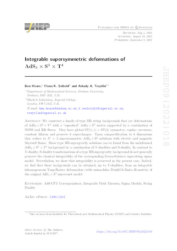Integrable supersymmetric deformations of AdS3 × S3 × T4 Thumbnail
