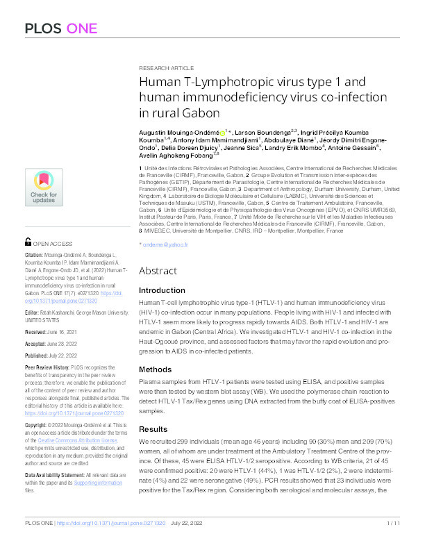 Human T-Lymphotropic virus type 1 and human immunodeficiency virus co-infection in rural Gabon Thumbnail
