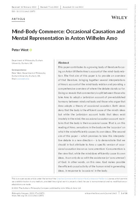 Mind‐Body Commerce: Occasional Causation and Mental Representation in Anton Wilhelm Amo Thumbnail