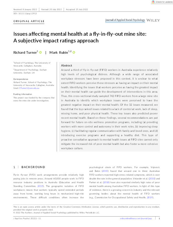 Issues affecting mental health at a fly‐in‐fly‐out mine site: A subjective impact ratings approach Thumbnail