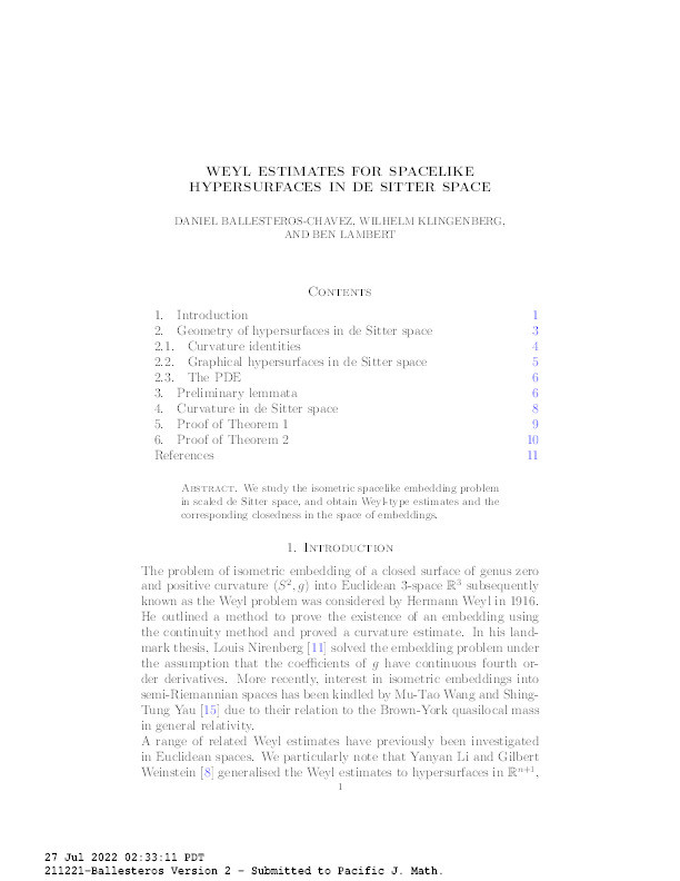 Weyl Estimates for spacelike hypersurfaces in de Sitter space Thumbnail