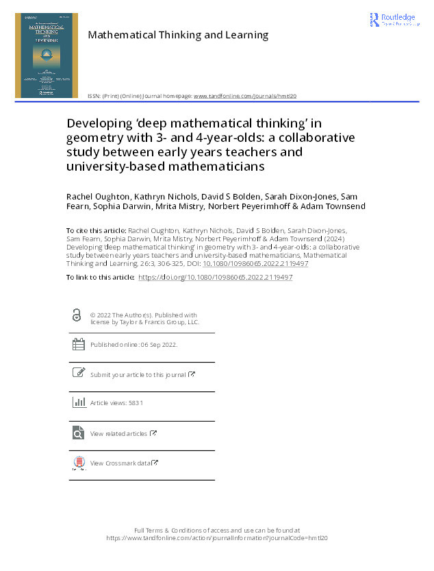 Developing ‘deep mathematical thinking’ in geometry with 3- and 4-year-olds: A collaborative study between early years teachers and University-based mathematicians Thumbnail