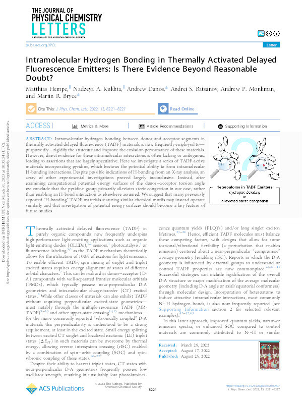 Intramolecular Hydrogen Bonding in Thermally Activated Delayed Fluorescence Emitters: Is There Evidence Beyond Reasonable Doubt? Thumbnail