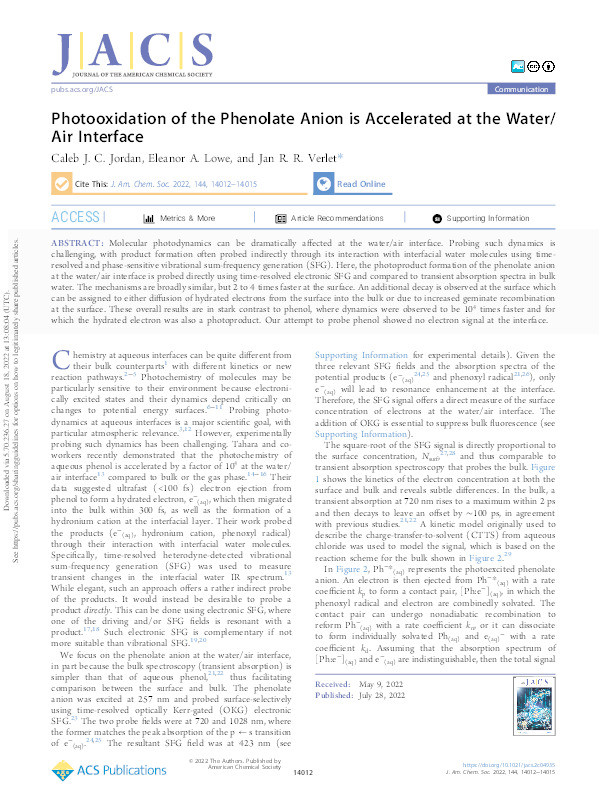 Photooxidation of the Phenolate Anion is Accelerated at the Water/Air Interface Thumbnail