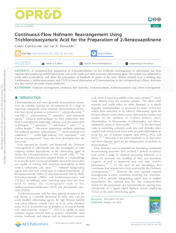 Continuous-Flow Hofmann Rearrangement Using Trichloroisocyanuric Acid for the Preparation of 2-Benzoxazolinone Thumbnail