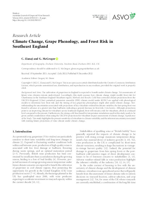 Climate Change, Grape Phenology and Frost Risk in Southeast England Thumbnail