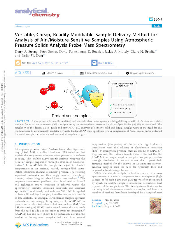 Versatile, Cheap, Readily Modifiable Sample Delivery Method for Analysis of Air-/Moisture-Sensitive Samples Using Atmospheric Pressure Solids Analysis Probe Mass Spectrometry Thumbnail