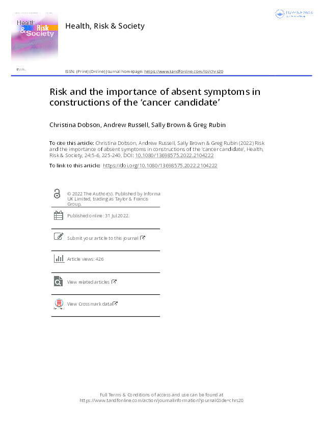 Risk and the importance of absent symptoms in constructions of the ‘cancer candidate’ Thumbnail