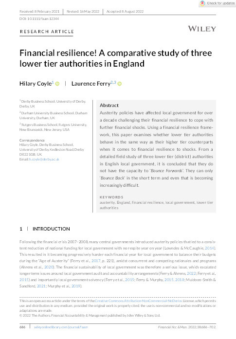 Financial resilience! A comparative study of three lower tier authorities in England Thumbnail