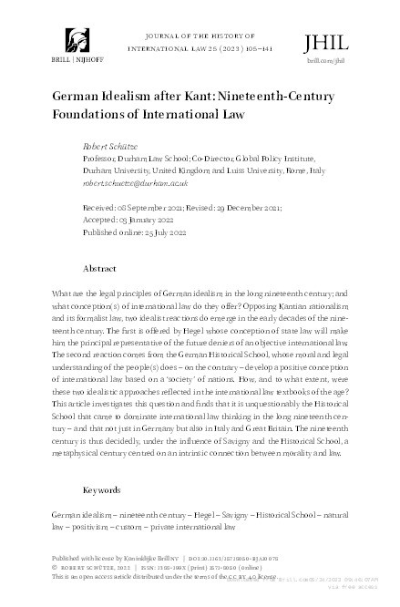 German Idealism after Kant: Nineteenth Century Foundations of International Law Thumbnail